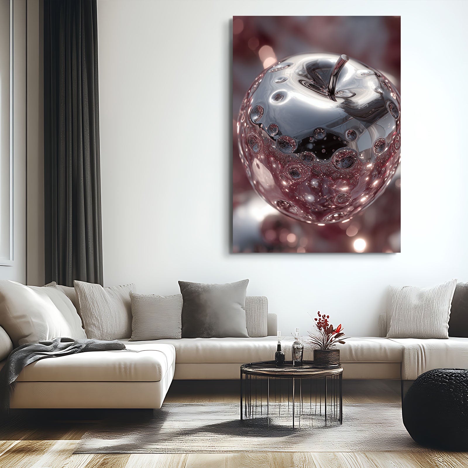 Liquid Silver Apple Wall Art – styled in a furnished interior