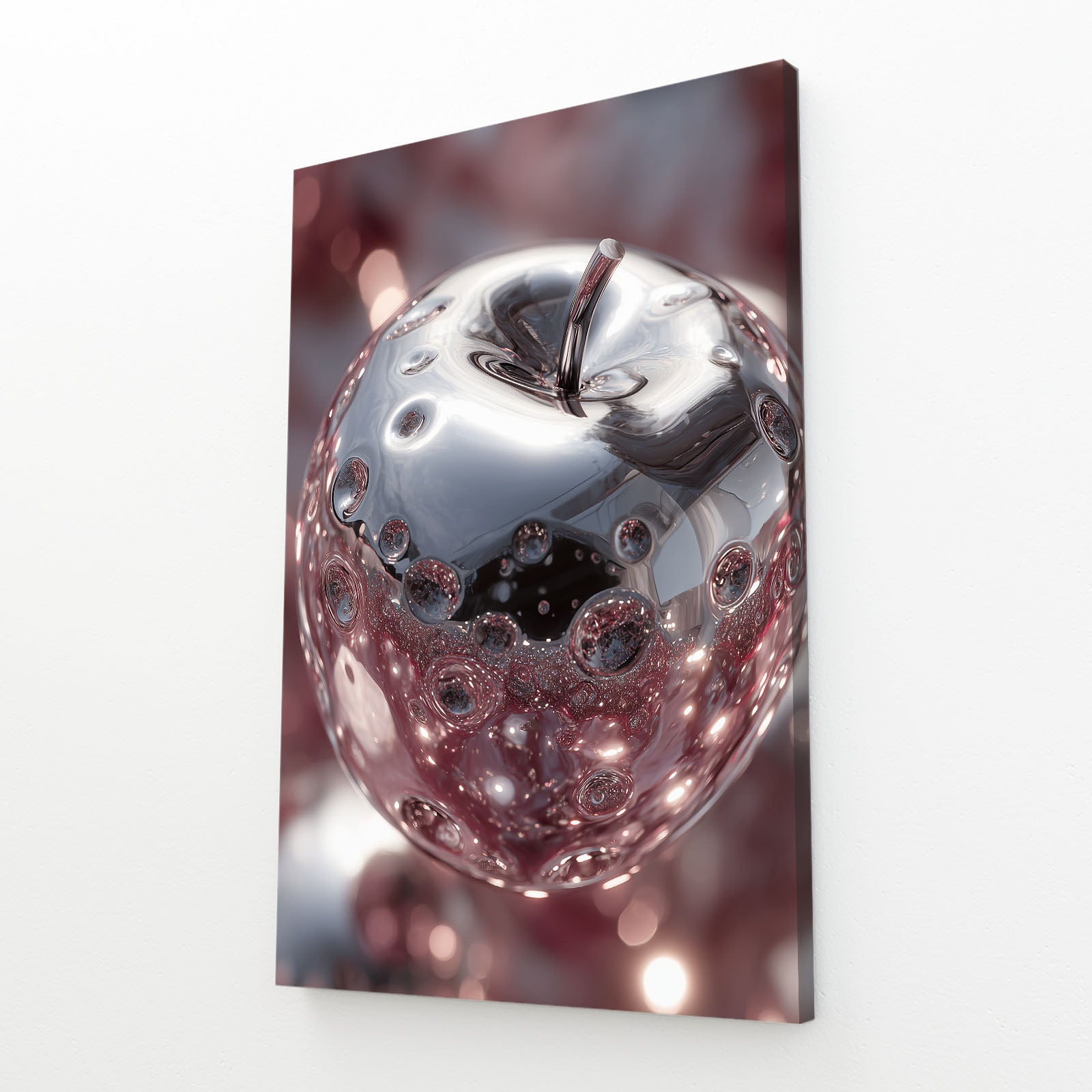 Liquid Silver Apple Wall Art – angled canvas view on white background
