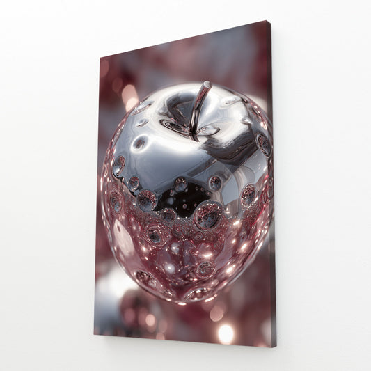 Liquid Silver Apple Wall Art – angled canvas view on white background