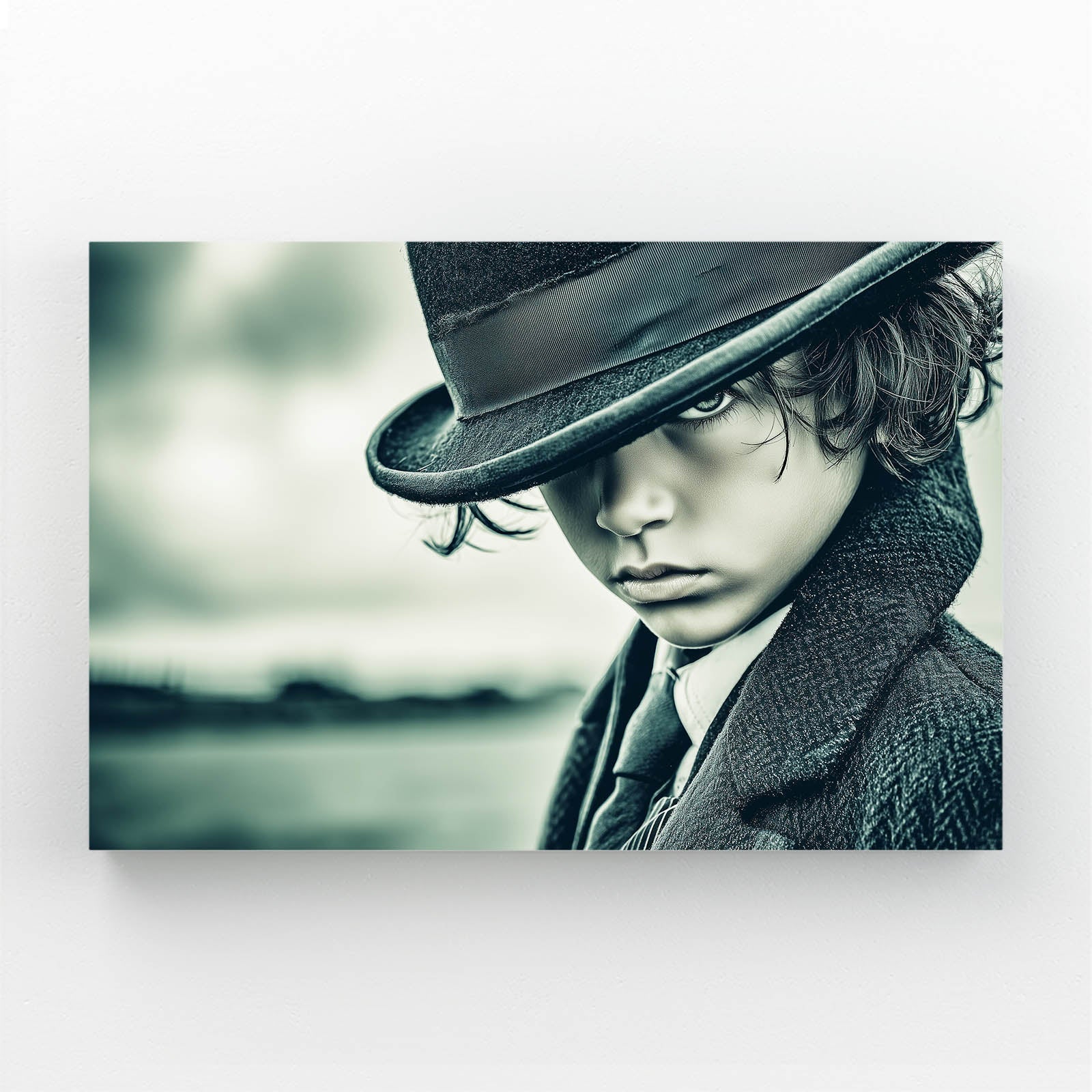 Little Detective Vintage Photography Prints – young detective in wide-brim hat, teal-toned noir portrait