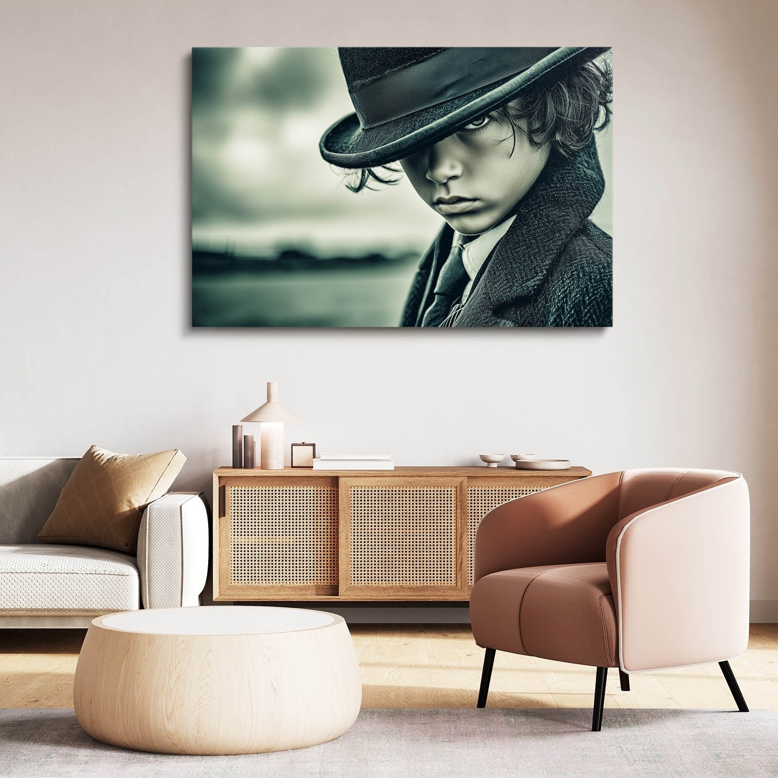 Little Detective Vintage Photography Prints – above a beige lounge sideboard