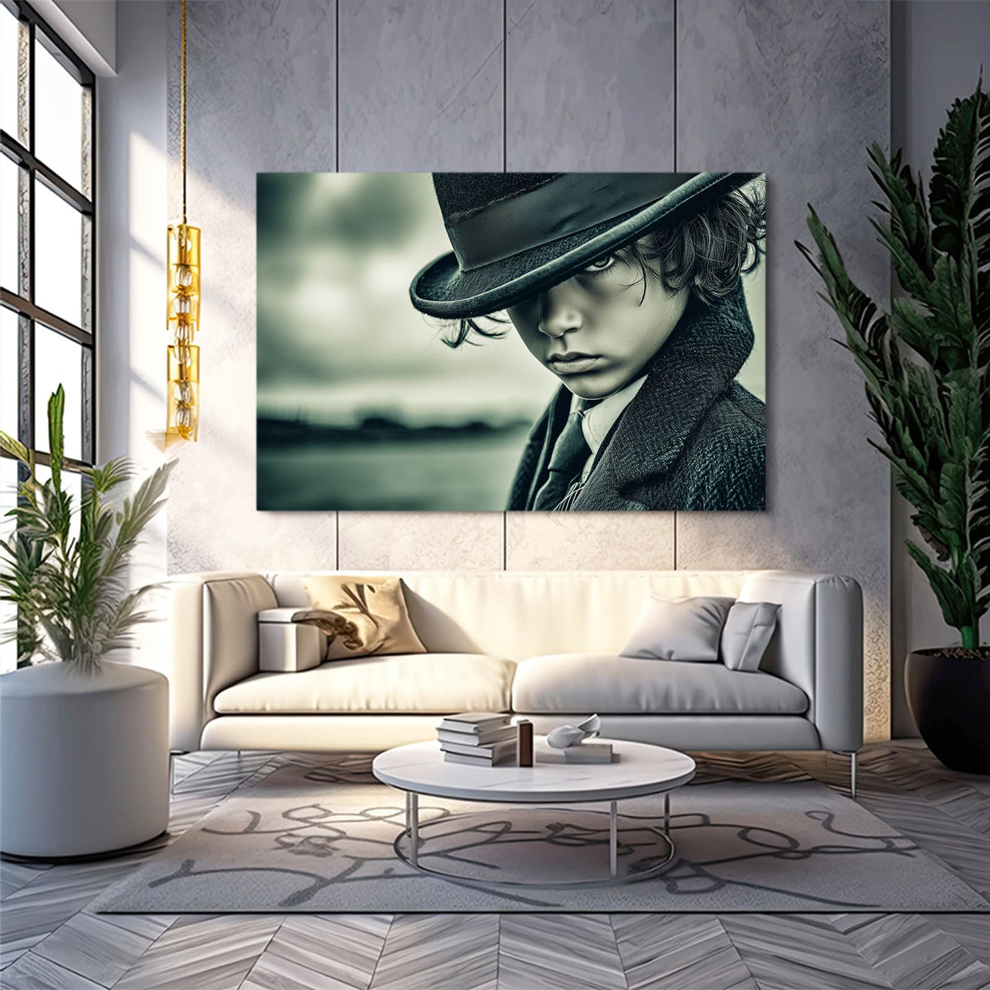 Little Detective Vintage Photography Prints – above a white sofa near tall windows