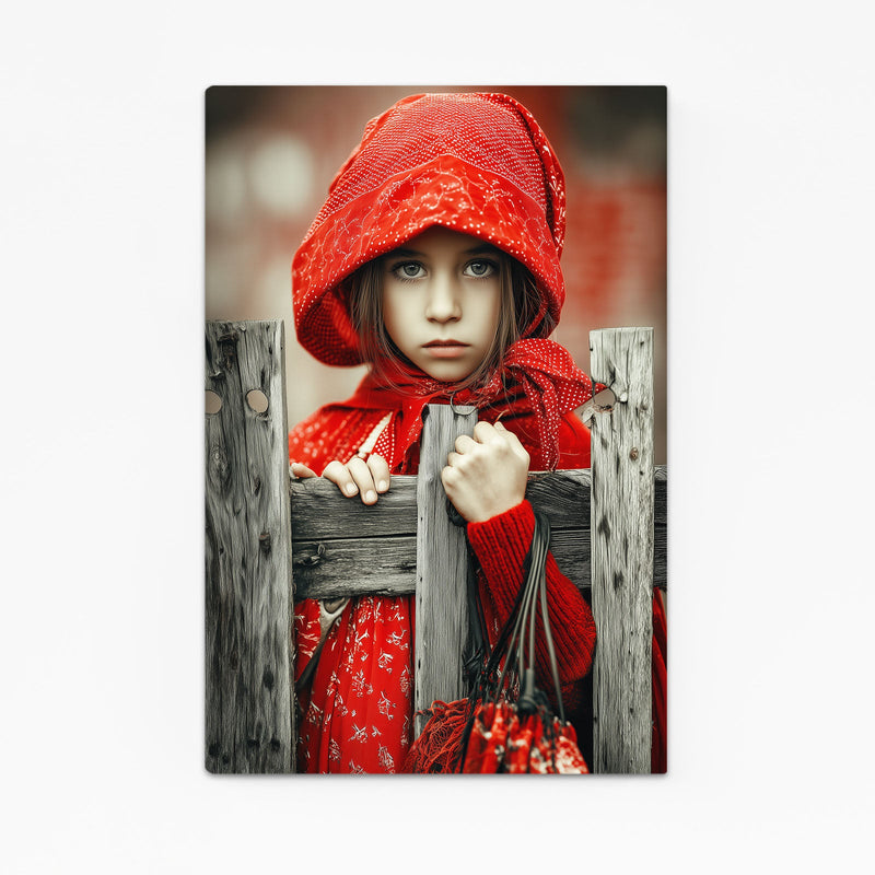Little Red Hood Photography Print – child in a red hooded cape at a weathered gate