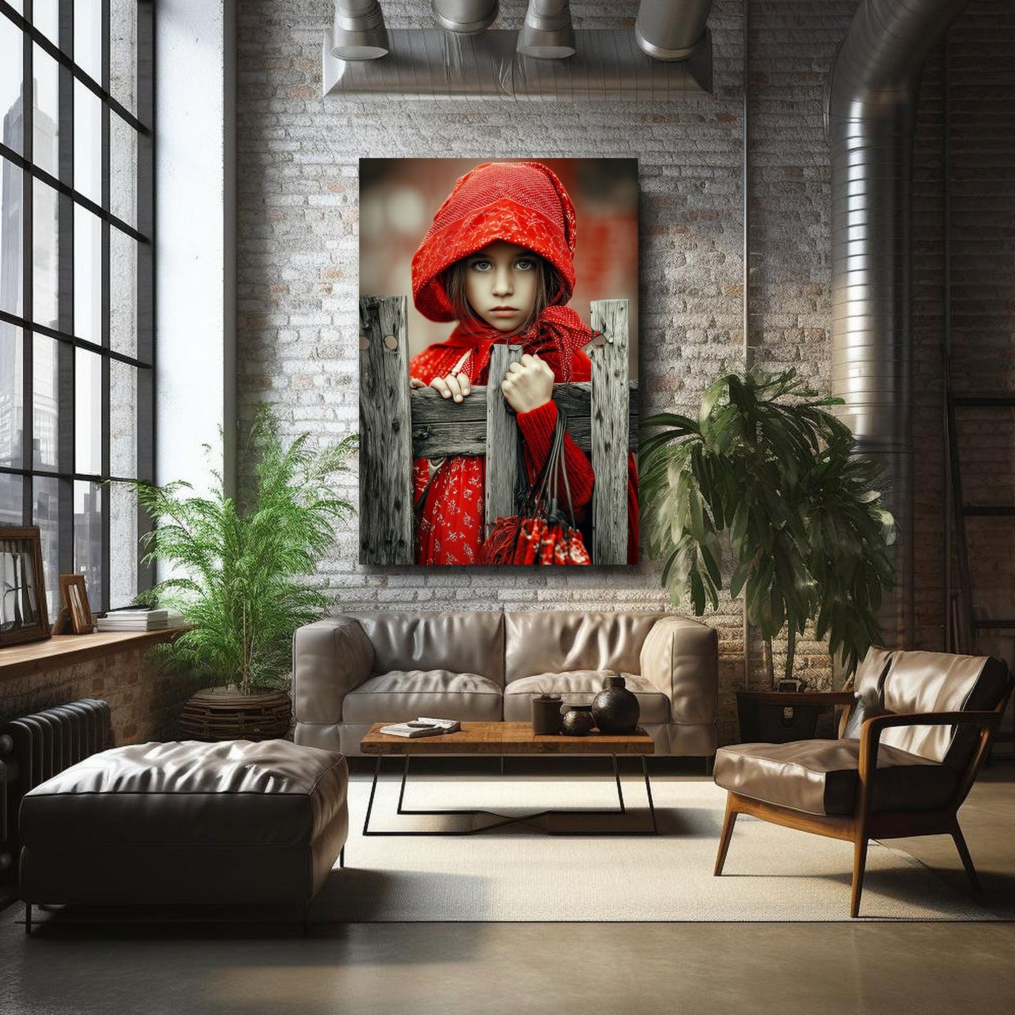 Little Red Hood Photography Print – in a plant-filled loft living room