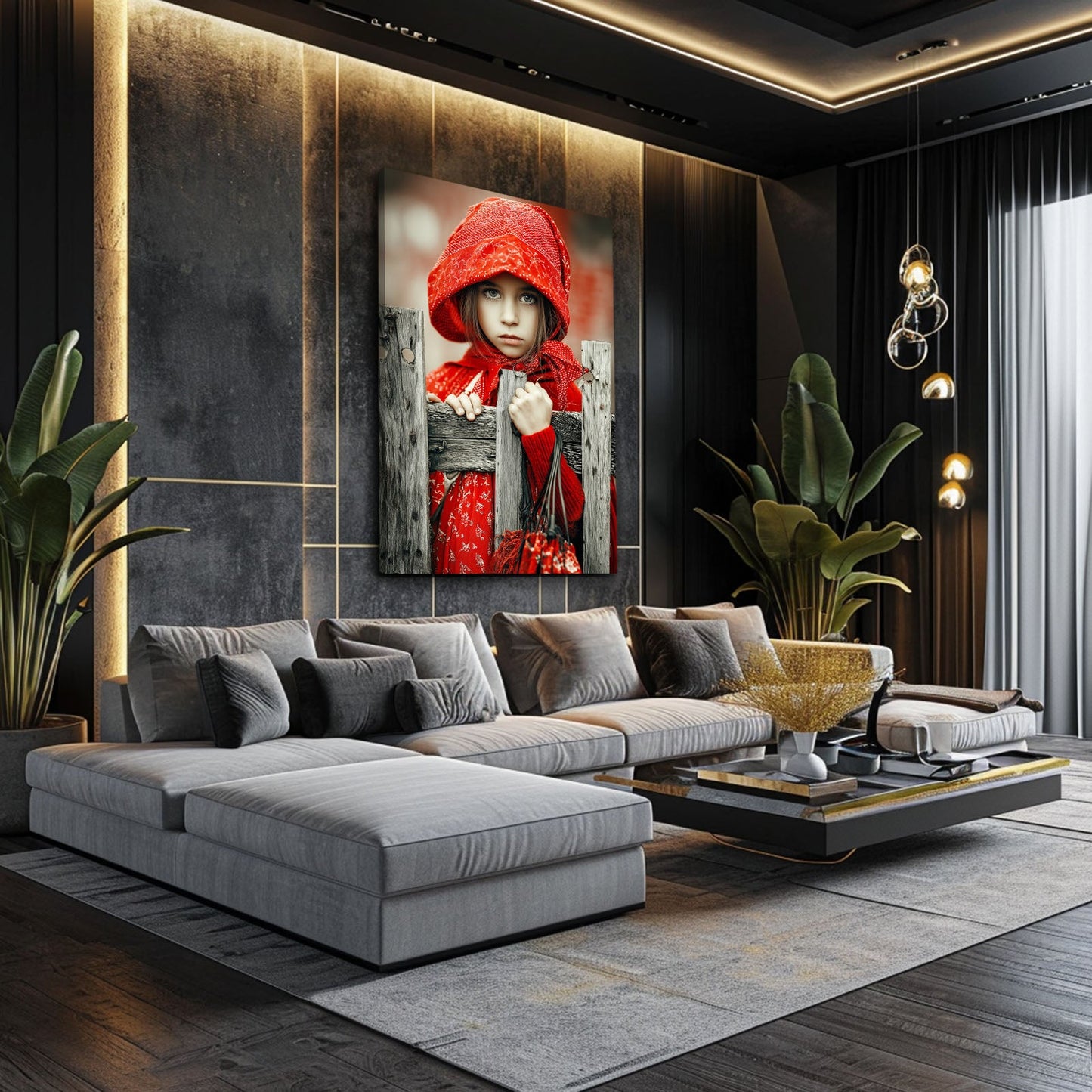 Little Red Hood Photography Print – above a grey sofa in a dark luxe lounge