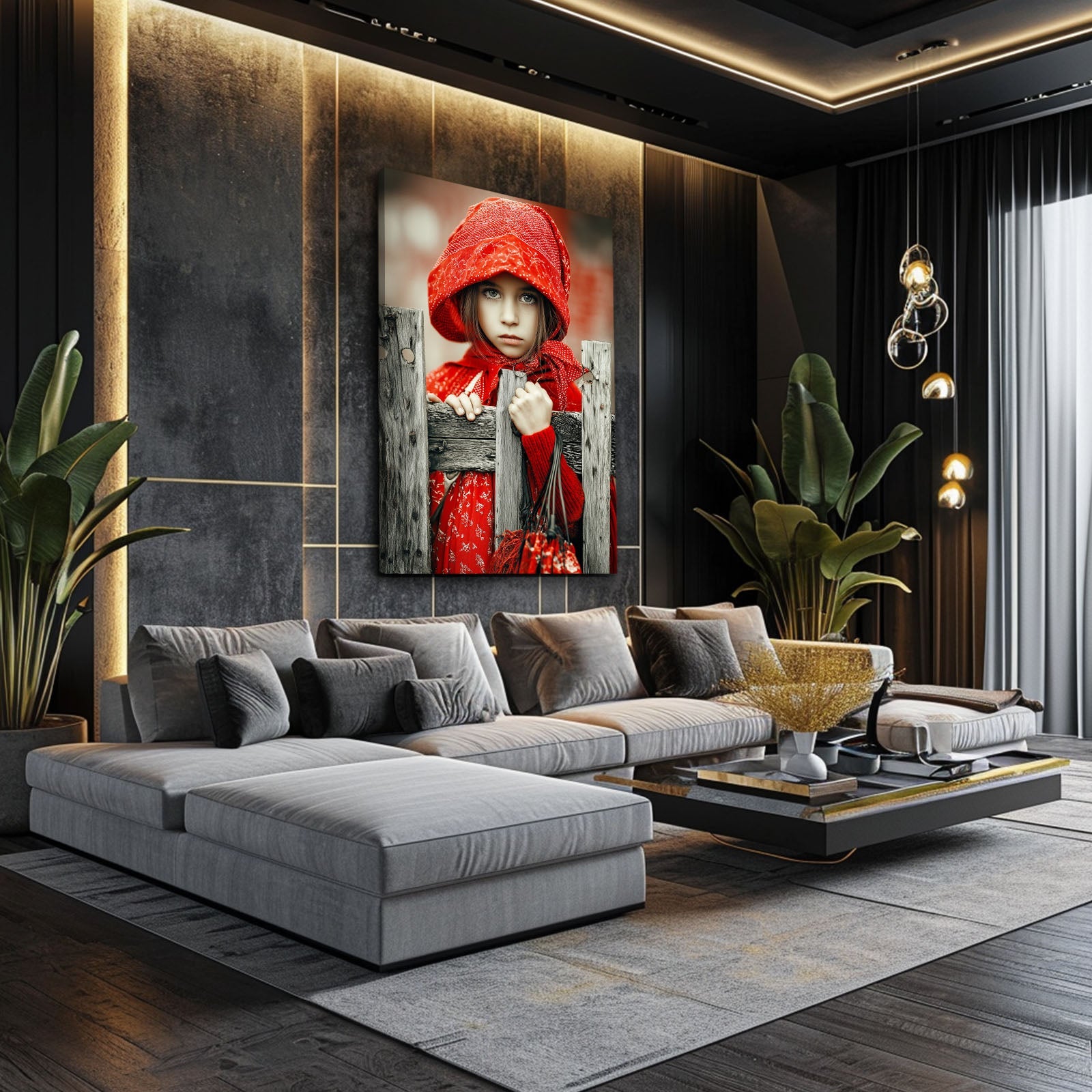 Little Red Hood Photography Print – above a grey sofa in a dark luxe lounge