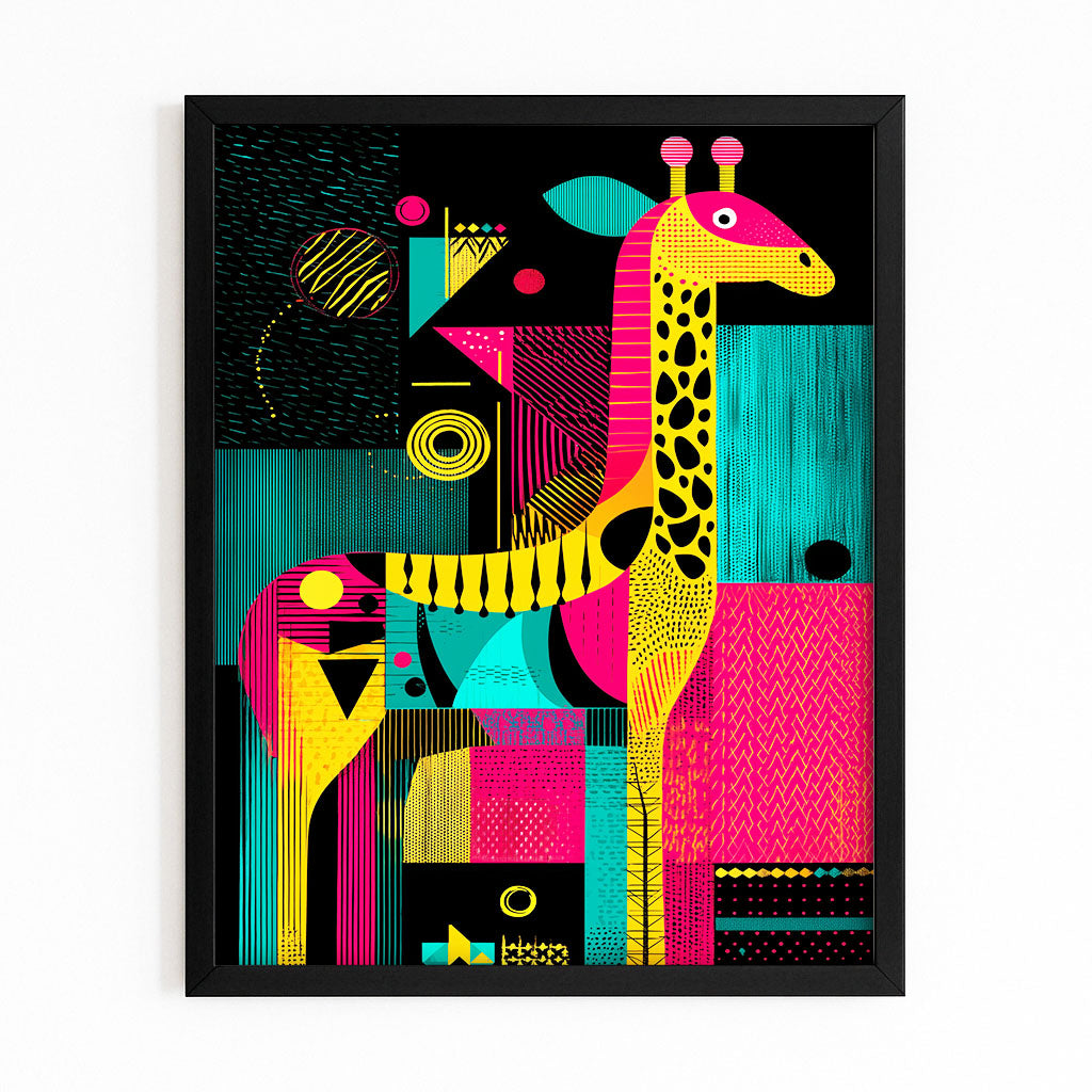 Colorful abstract art print with a giraffe design on a black background