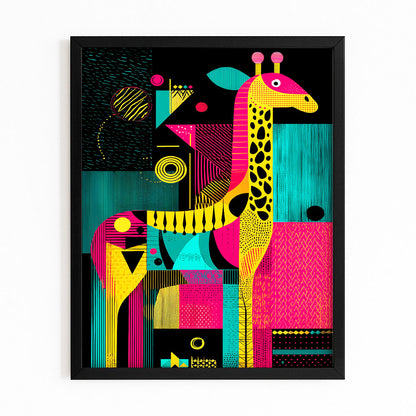 Colorful abstract art print with a giraffe design on a black background