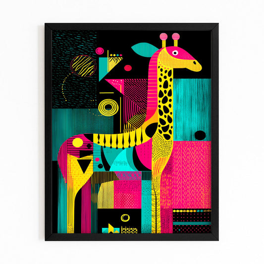 Colorful abstract art print with a giraffe design on a black background