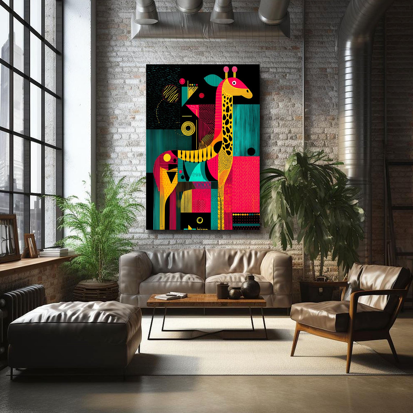 Colorful abstract painting of a giraffe on a brick wall in a modern living room.