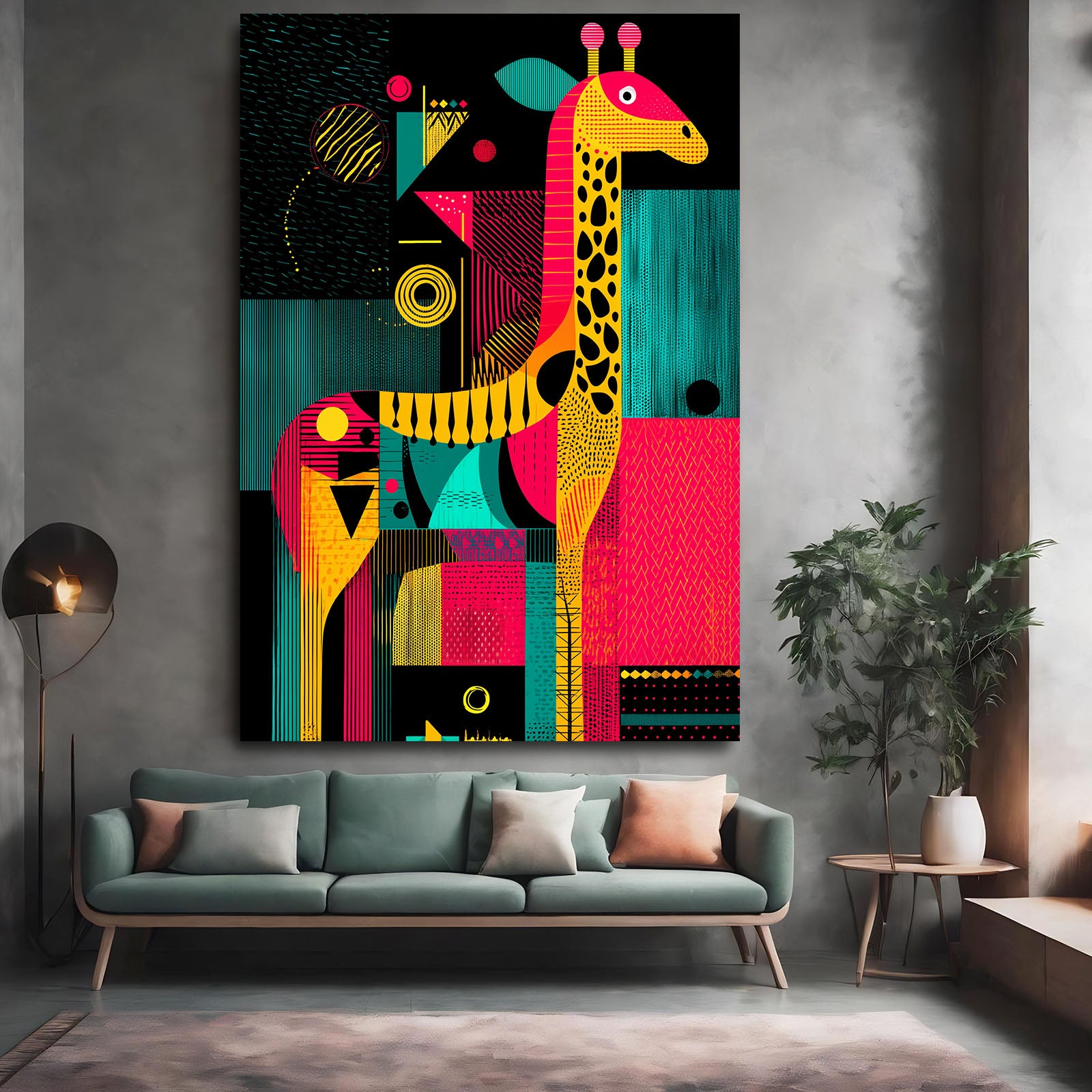 Colorful abstract giraffe painting on a wall above a sofa in a modern living room.