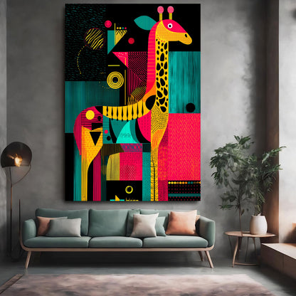 Colorful abstract giraffe painting on a wall above a sofa in a modern living room.