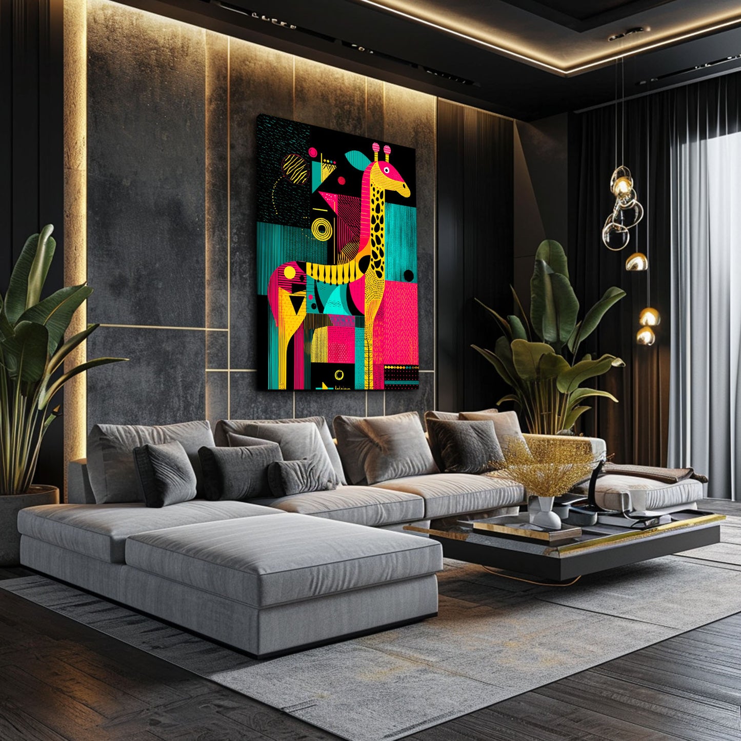 Modern living room with a gray sectional sofa, colorful abstract painting, and decorative elements.