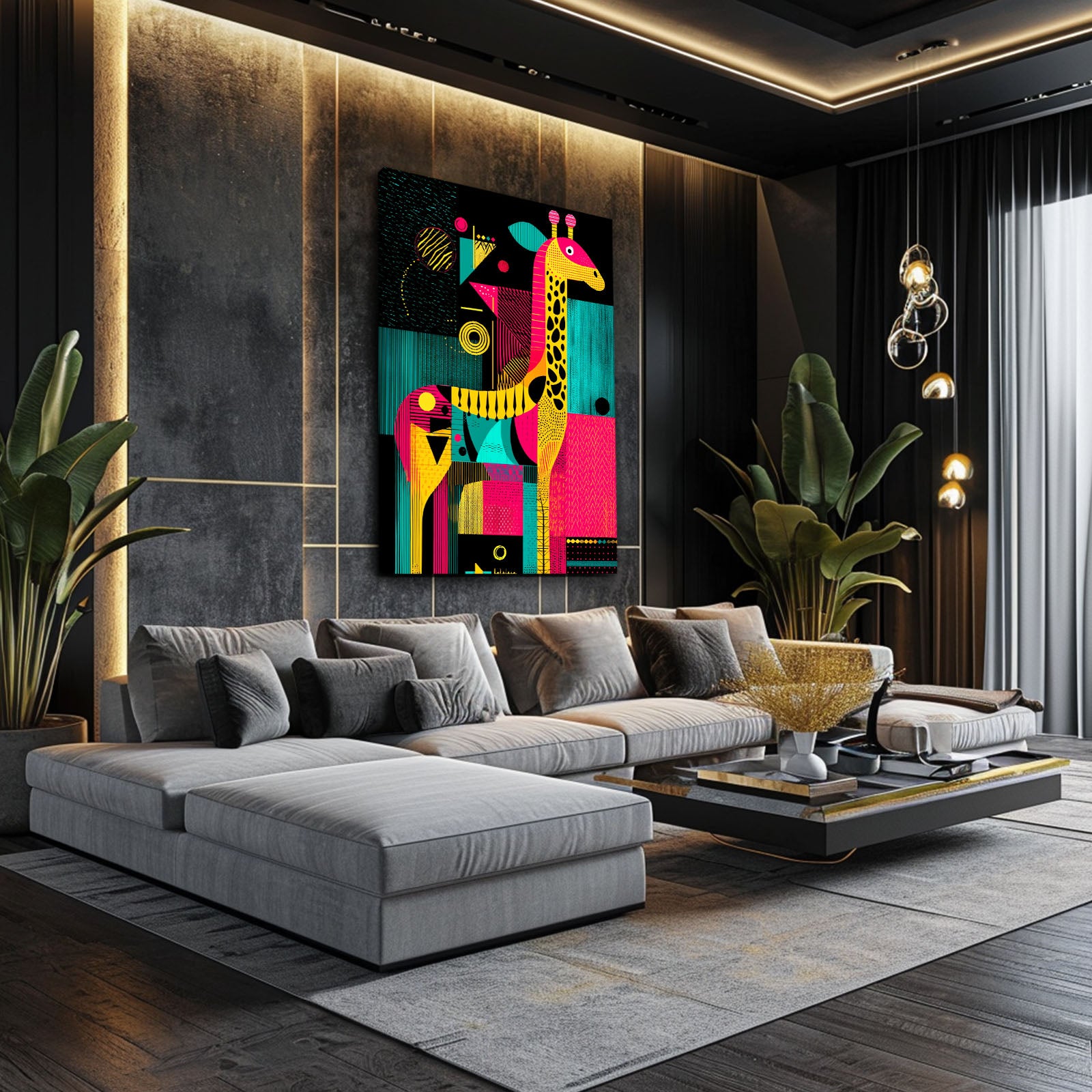 Modern living room with a gray sectional sofa, colorful abstract painting, and decorative elements.