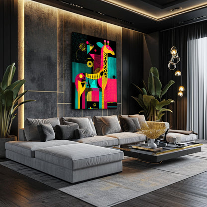 Modern living room with a gray sectional sofa, colorful abstract painting, and decorative elements.