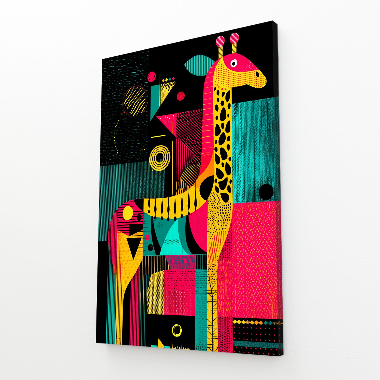 Colorful abstract painting of a giraffe on a white background