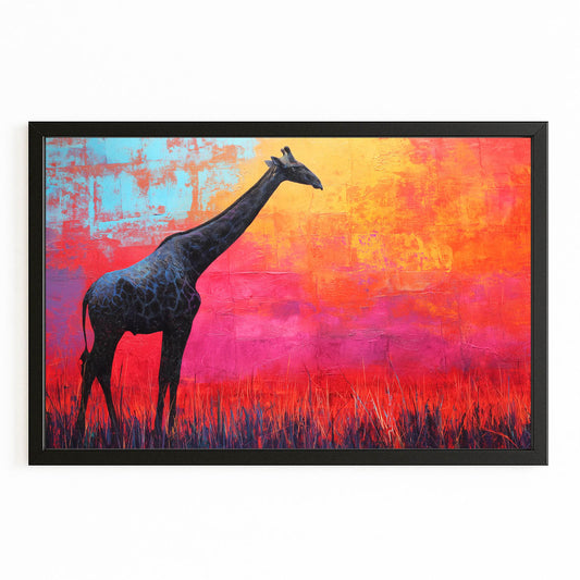 Artistic depiction of a giraffe against a colorful abstract background