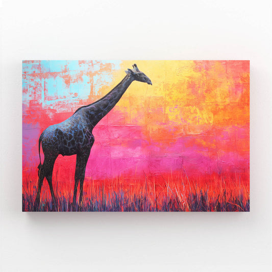 Painting of a giraffe against a colorful abstract background