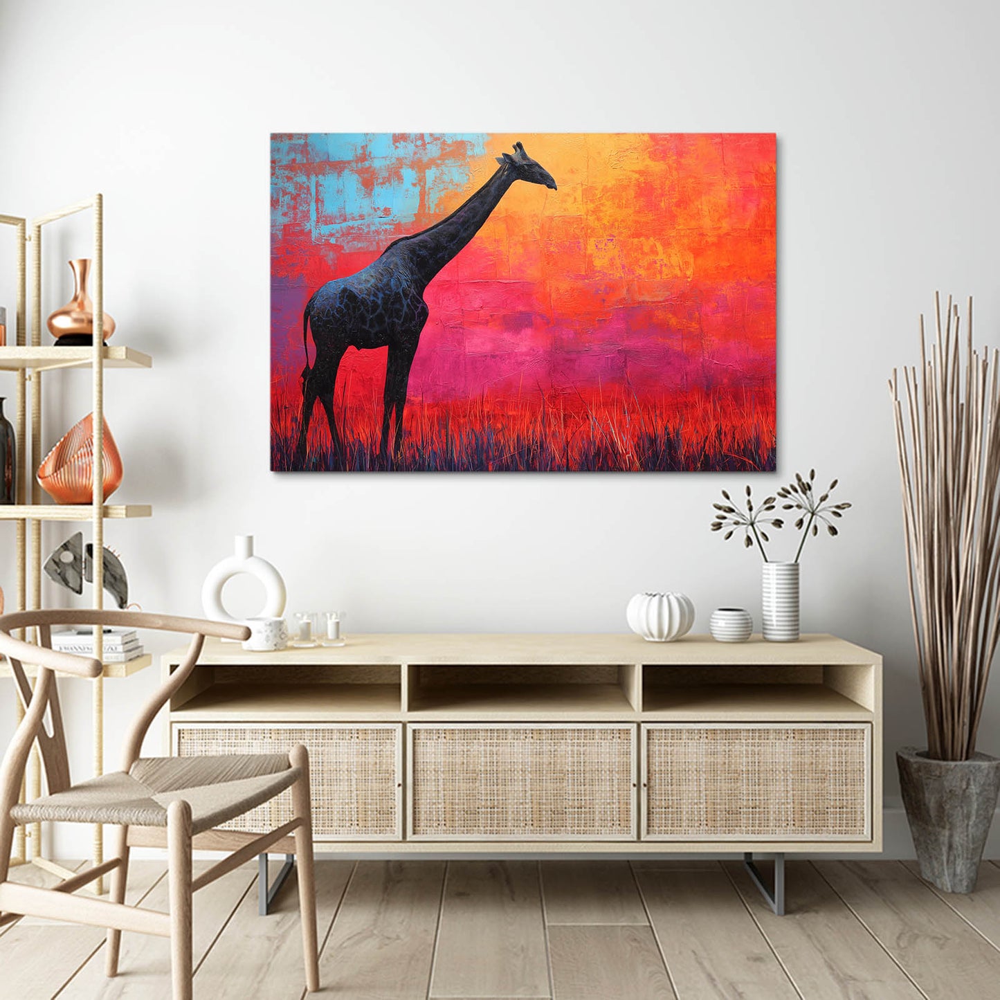 Modern interior with a colorful abstract painting of a giraffe on a wall above a wooden cabinet.