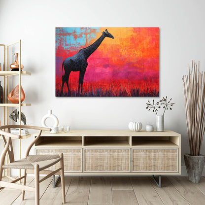 Modern interior with a colorful abstract painting of a giraffe on a wall above a wooden cabinet.