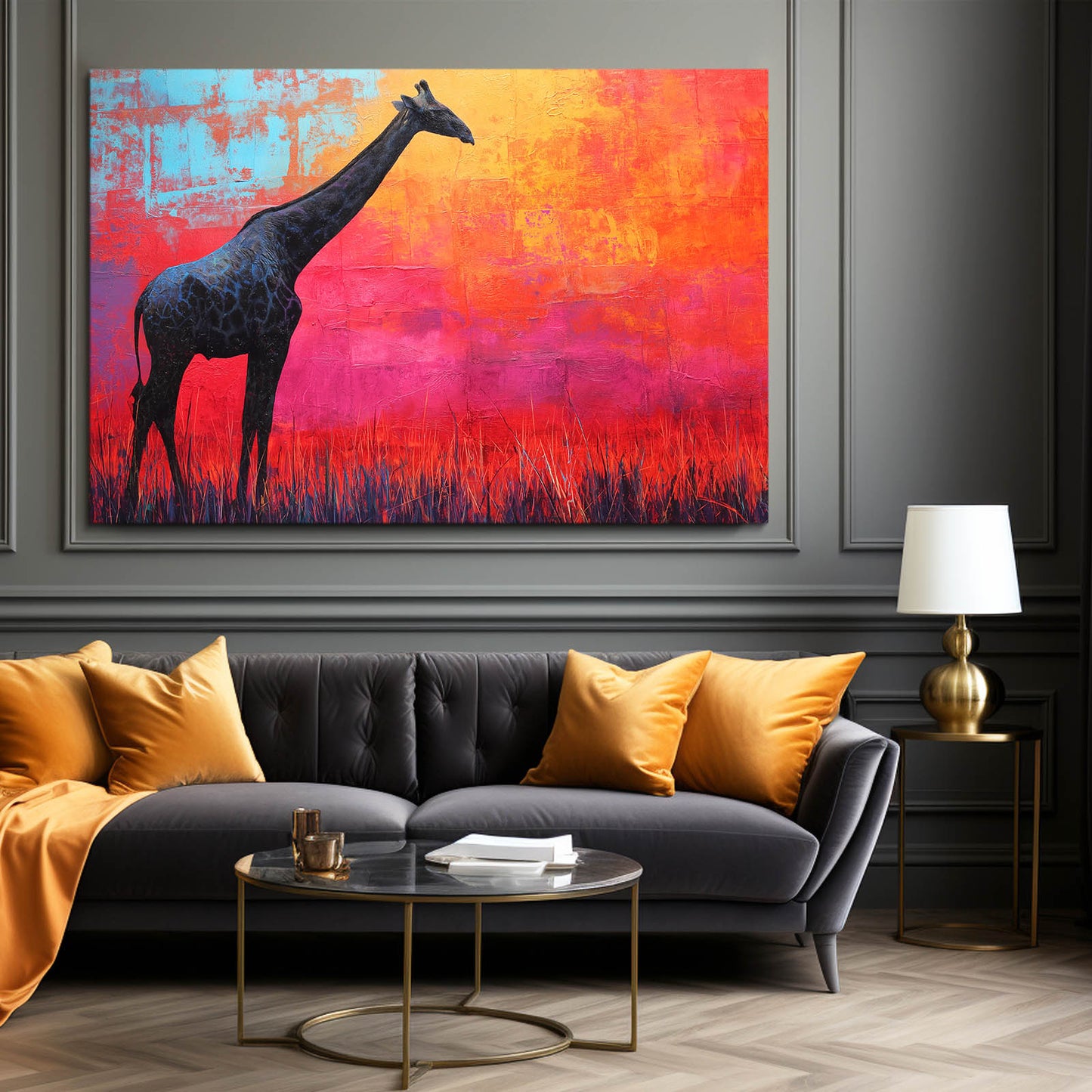 Living room with a gray sofa, colorful abstract painting of a giraffe, and a lamp.