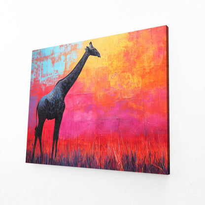 Canvas print of a giraffe against a colorful abstract background