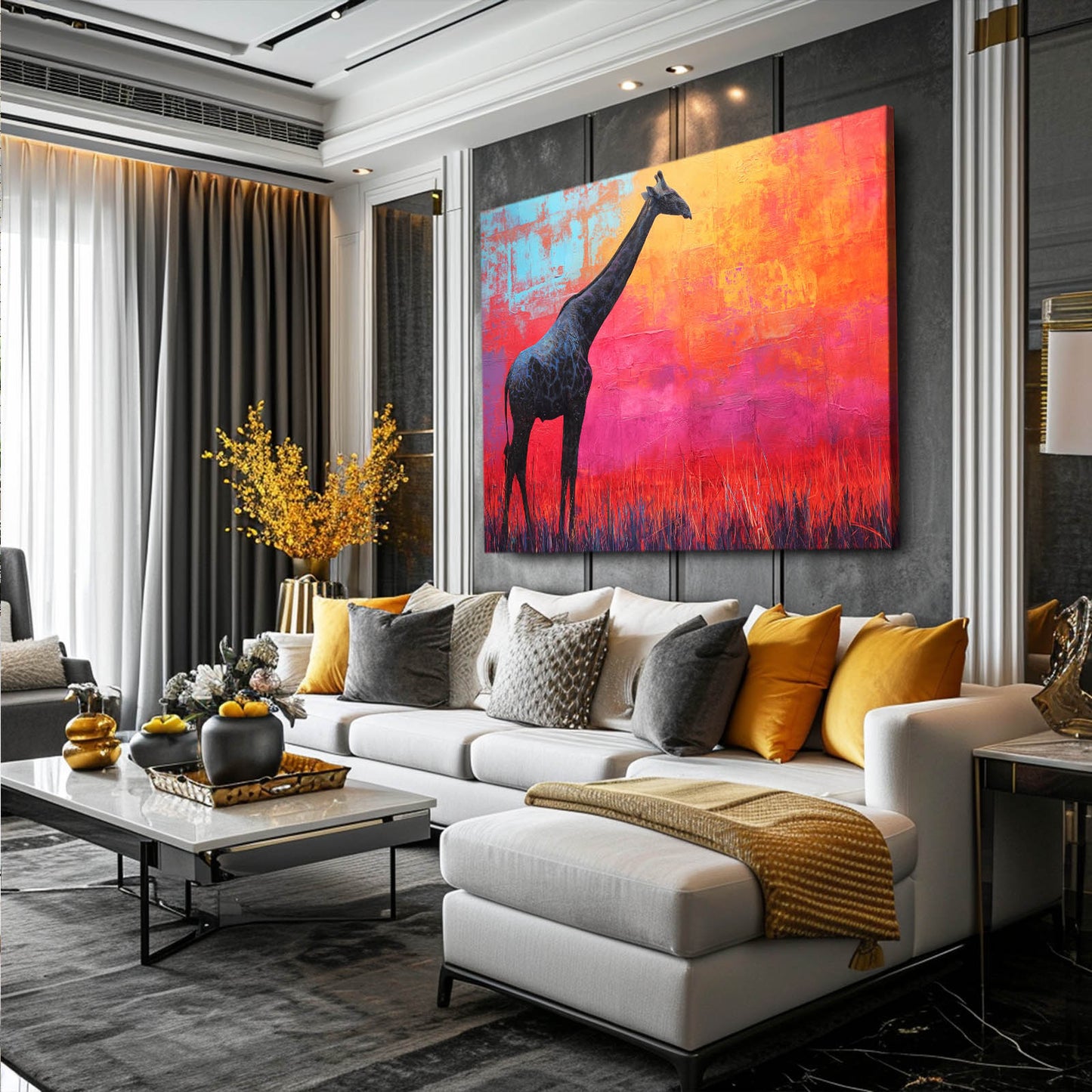 Modern living room with a colorful abstract painting of a giraffe on a gray wall.