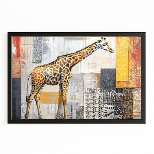 Framed artwork of a giraffe with abstract patterns on a white background