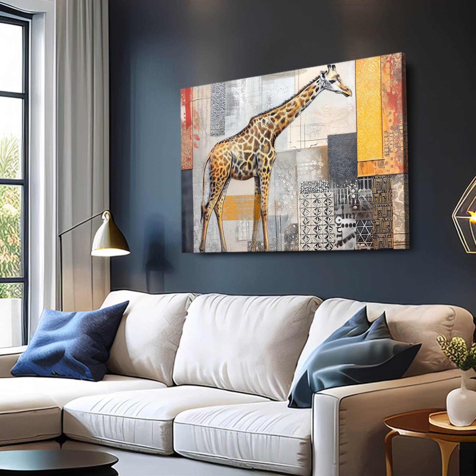 Modern living room with a white sofa, blue pillows, and a large wall art of a giraffe.