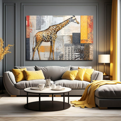 Modern living room with a gray sofa, yellow cushions, and a giraffe painting on the wall.