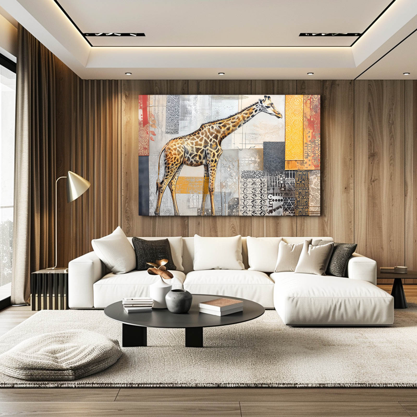 Modern living room with a large giraffe painting on the wall