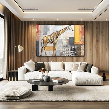 Modern living room with a large giraffe painting on the wall