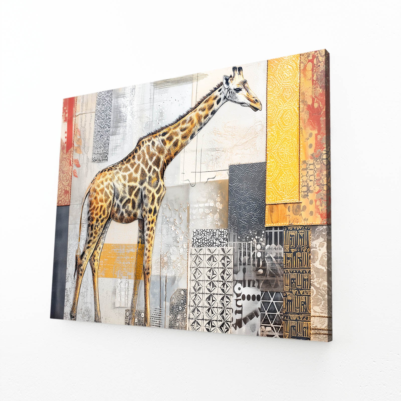 Canvas print with a giraffe design on a geometric patterned background
