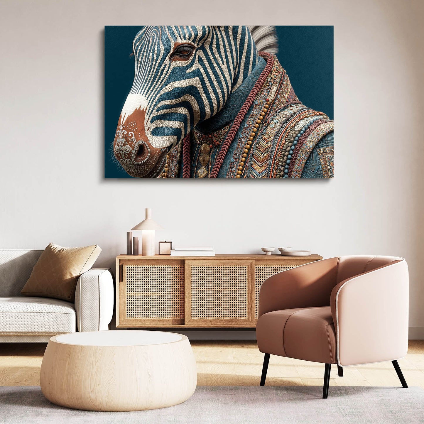 Living Zebra Canvas Art – styled in a furnished interior