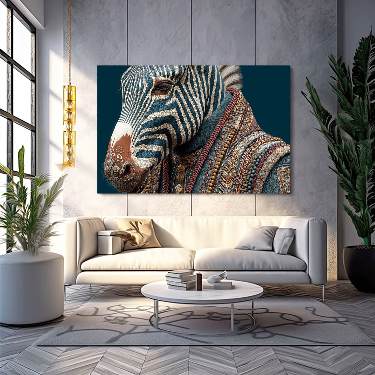 Living Zebra Canvas Art – styled in a furnished interior