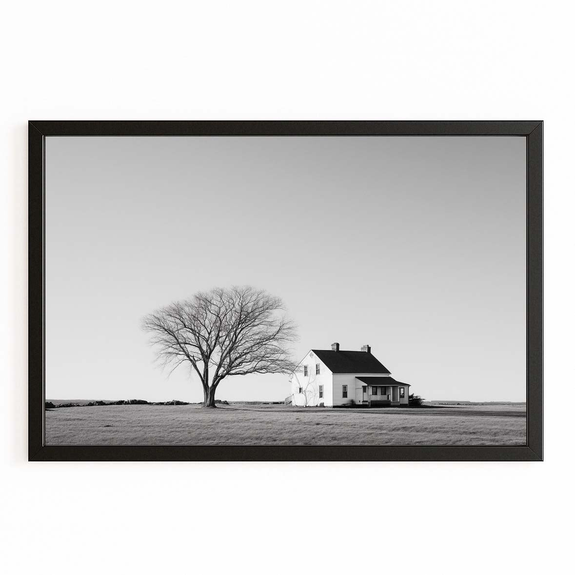 Lone Tree Farmhouse Farmhouse Art – with Premium Black frame on white background