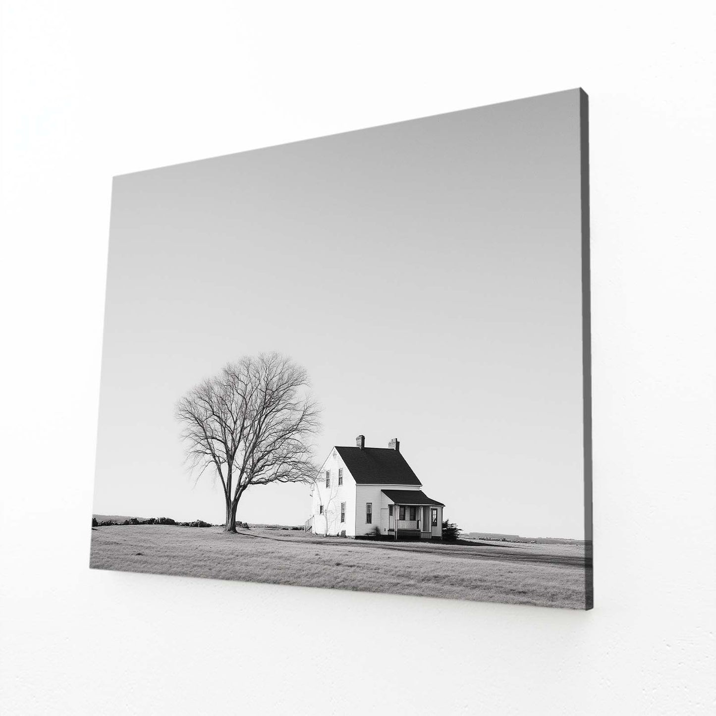 Lone Tree Farmhouse Farmhouse Art – angled canvas view on white background