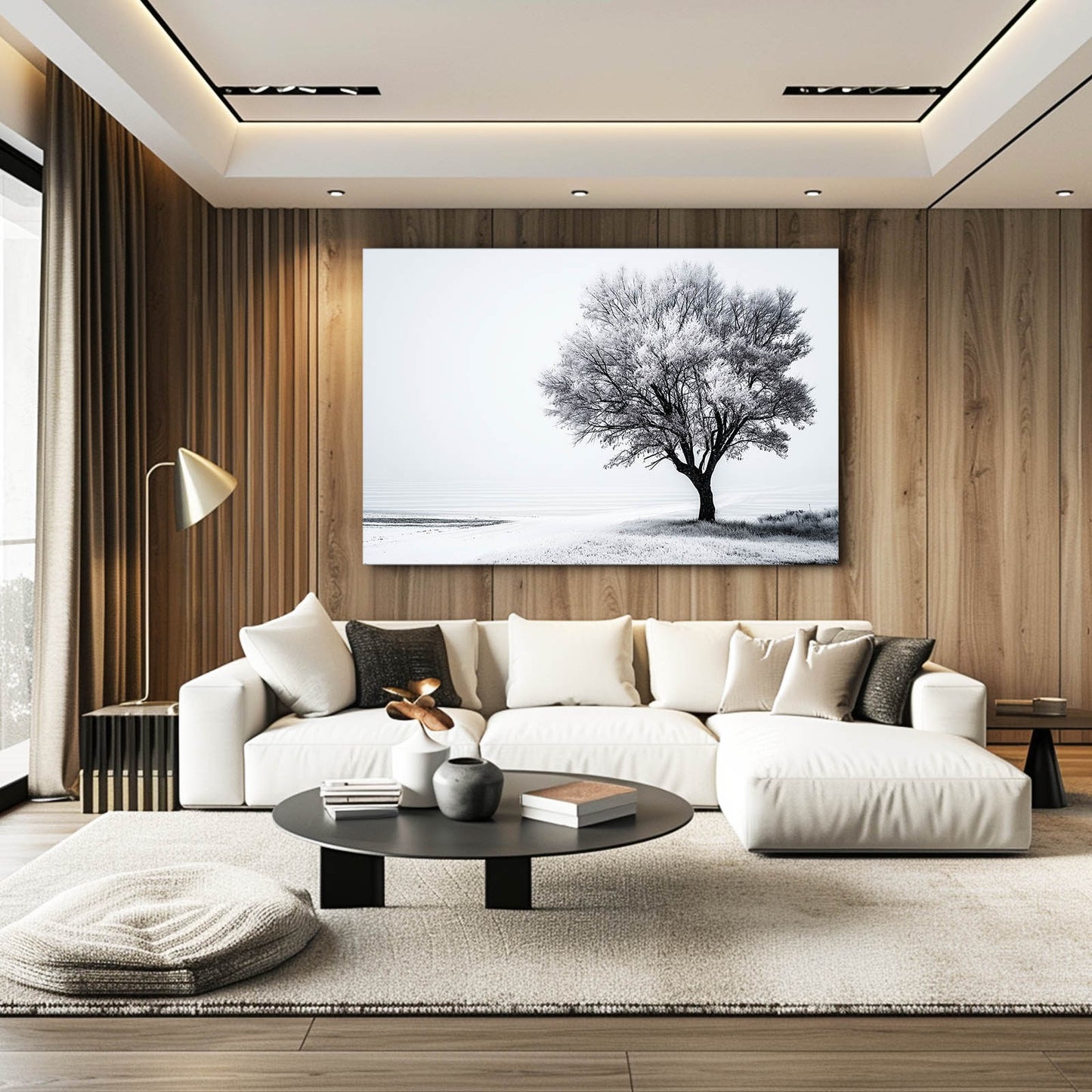 Lone Tree Snow Field Photography Art – styled in a furnished interior