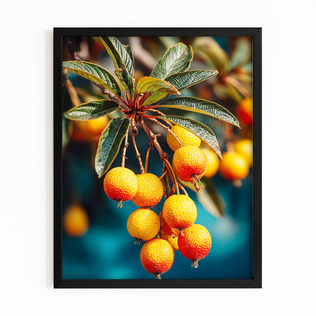Loquat Branch Cluster Fruit Wall Decor – with Premium Black frame on white background