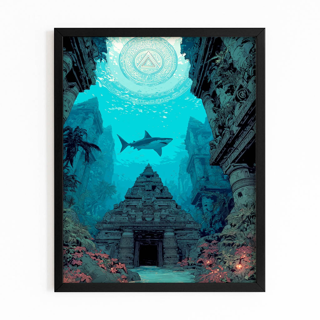 Lost Ruins Descent Shark Canvas Art – with Premium Black frame on white background