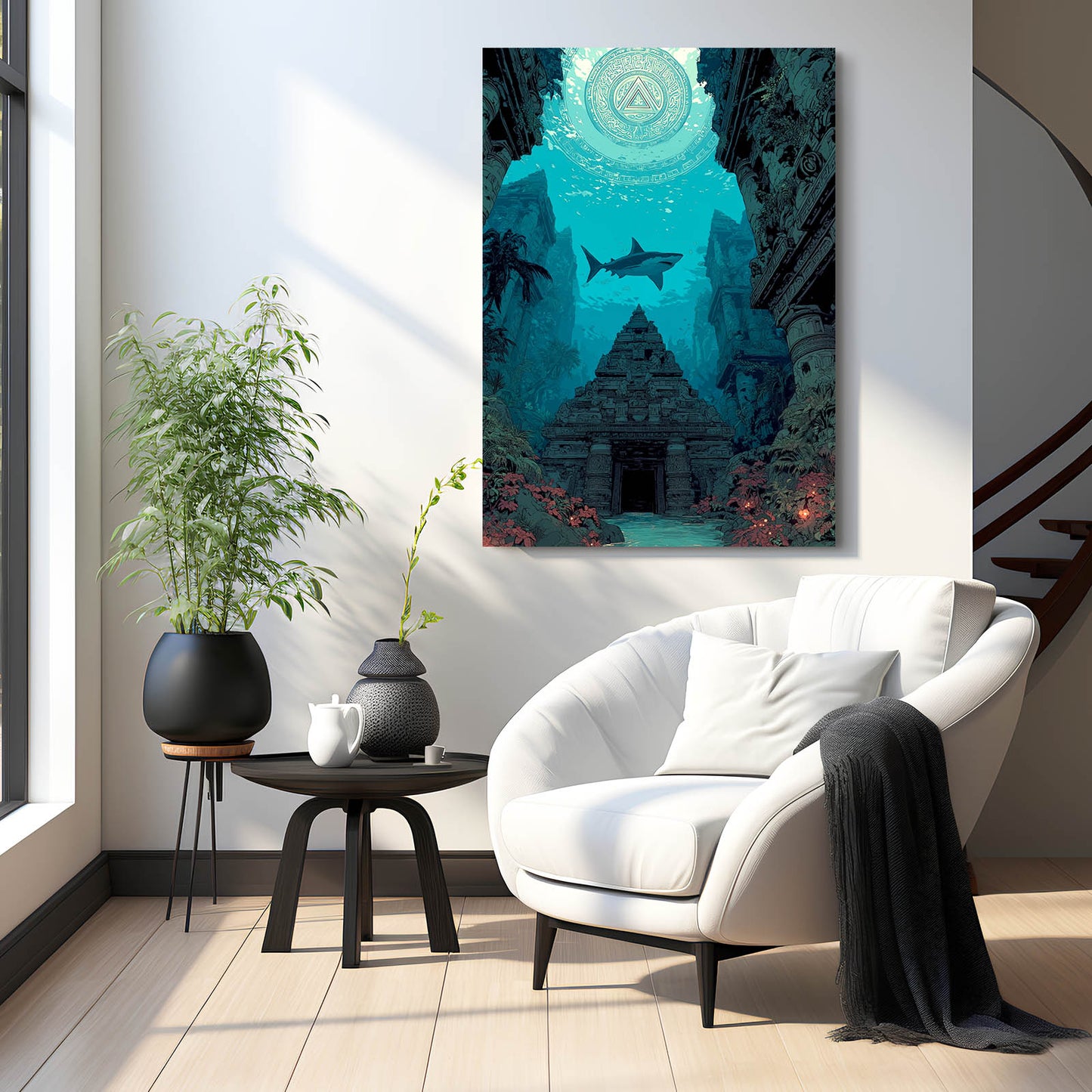 Lost Ruins Descent Shark Canvas Art – styled in a furnished interior
