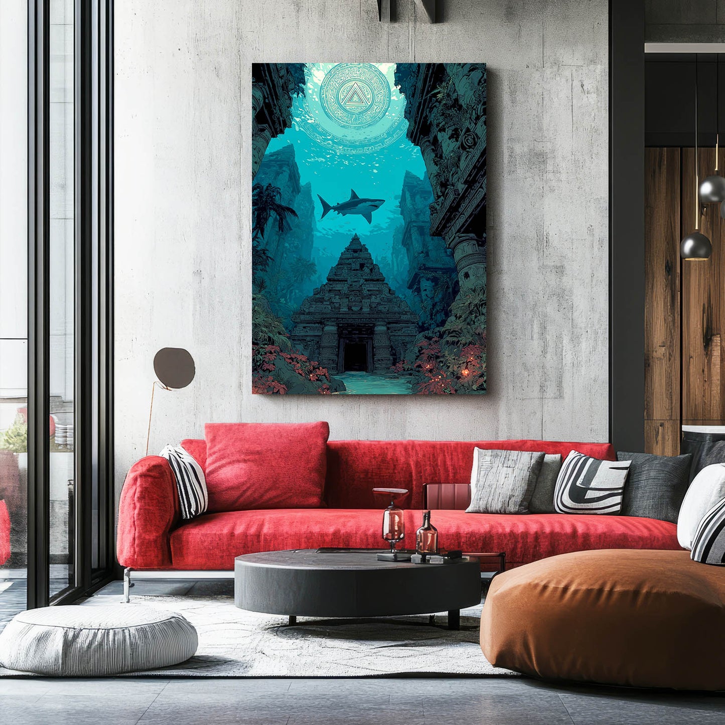 Lost Ruins Descent Shark Canvas Art – styled in a furnished interior