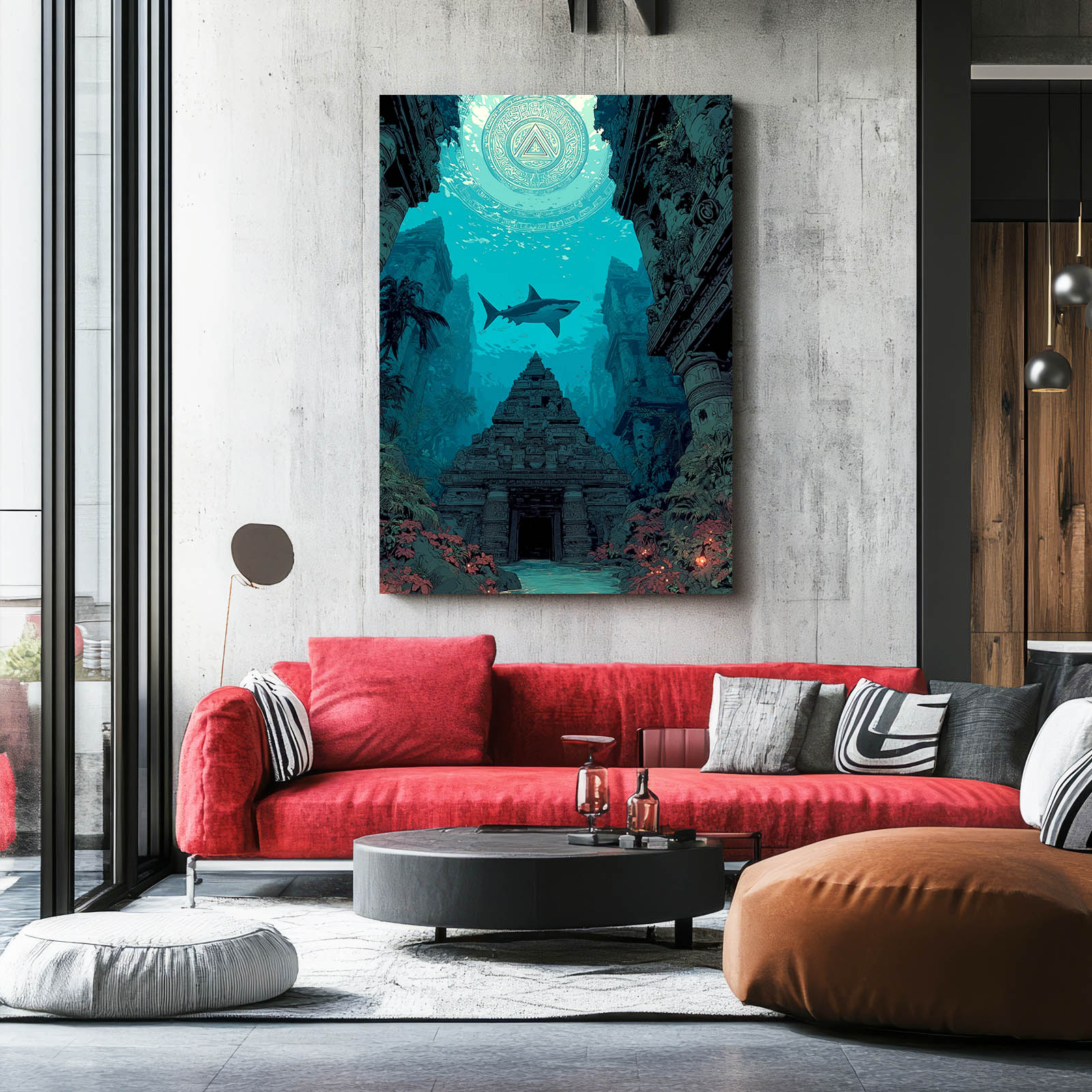 Lost Ruins Descent Shark Canvas Art – styled in a furnished interior