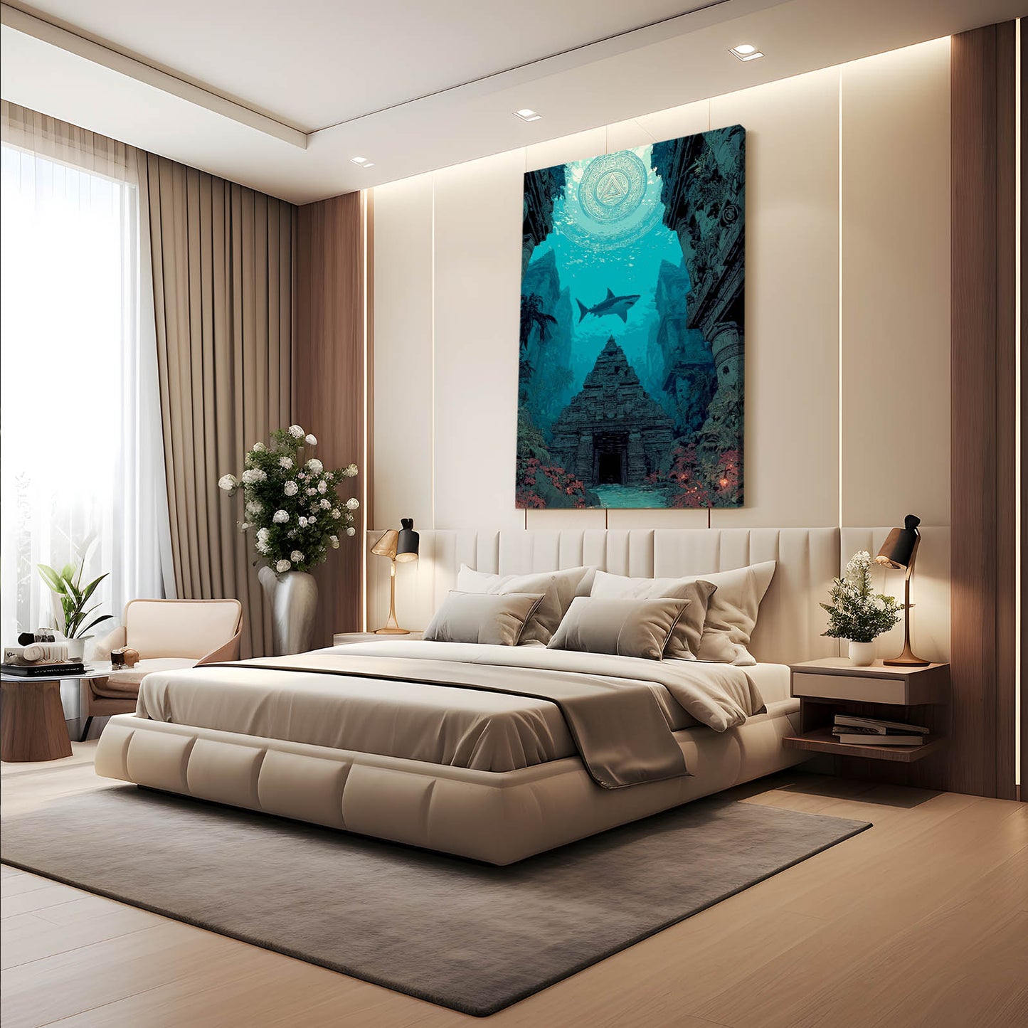 Lost Ruins Descent Shark Canvas Art – styled in a furnished interior