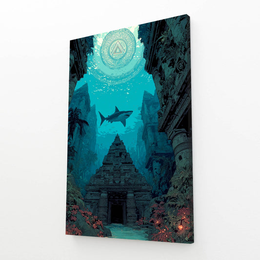 Lost Ruins Descent Shark Canvas Art – angled canvas view on white background