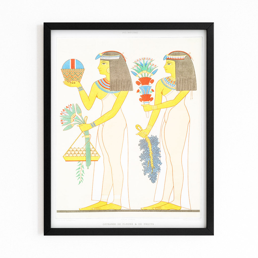 Lotus Bearers Illustration Egyptian Canvas Art – with Premium Black frame on white background