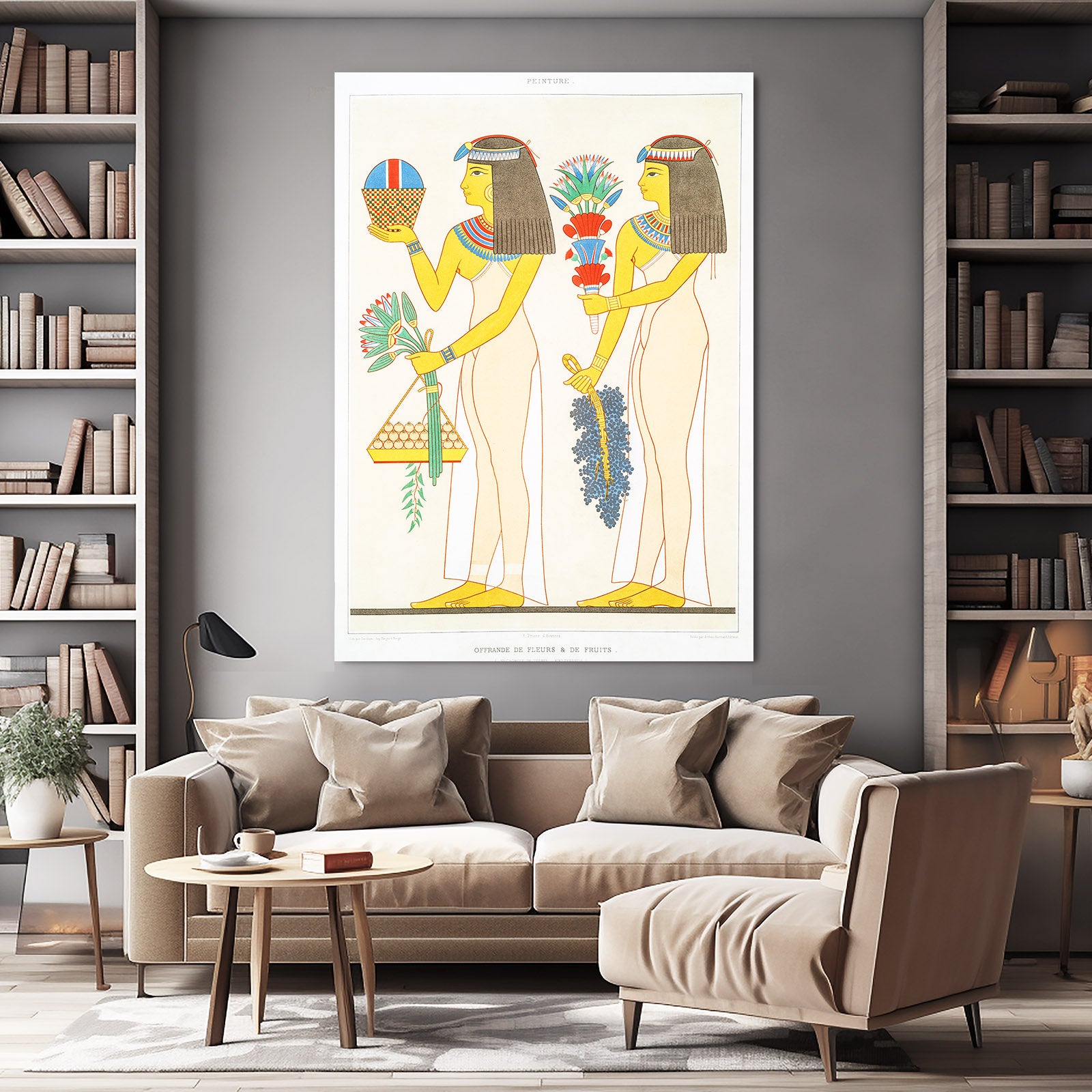 Lotus Bearers Illustration Egyptian Canvas Art – styled in a furnished interior
