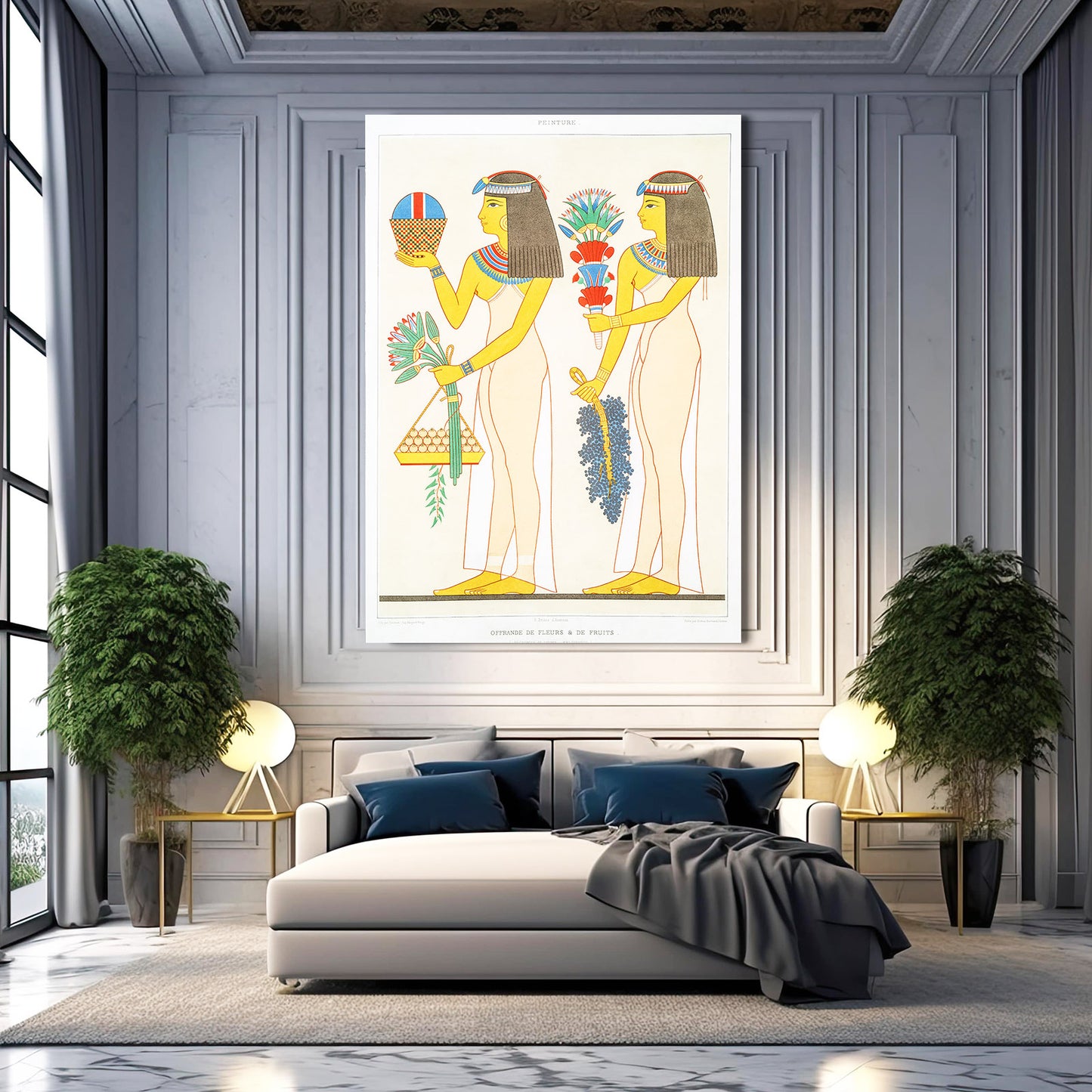 Lotus Bearers Illustration Egyptian Canvas Art – styled in a furnished interior