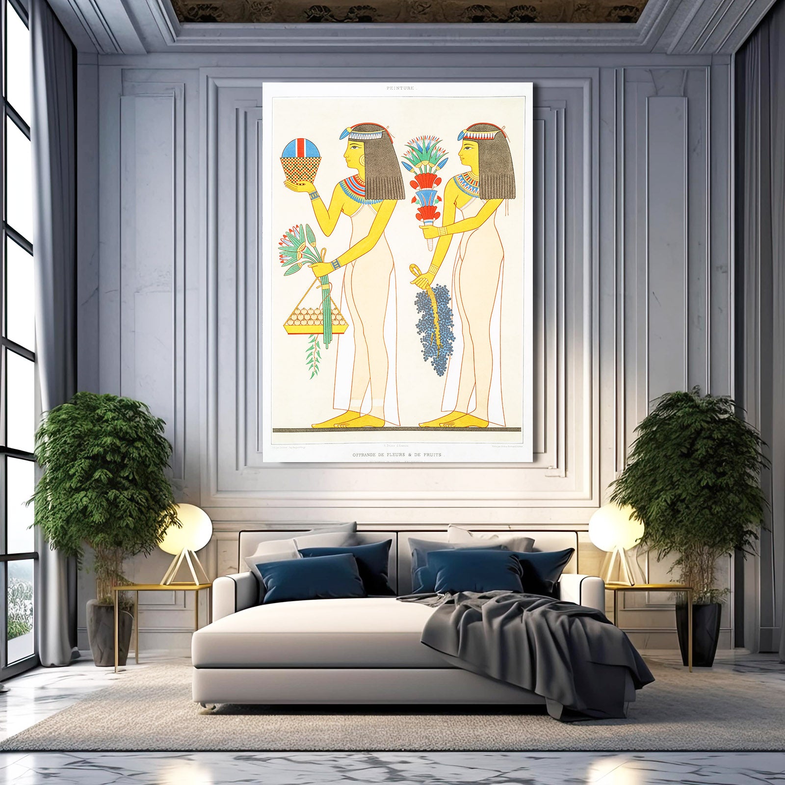 Lotus Bearers Illustration Egyptian Canvas Art – styled in a furnished interior