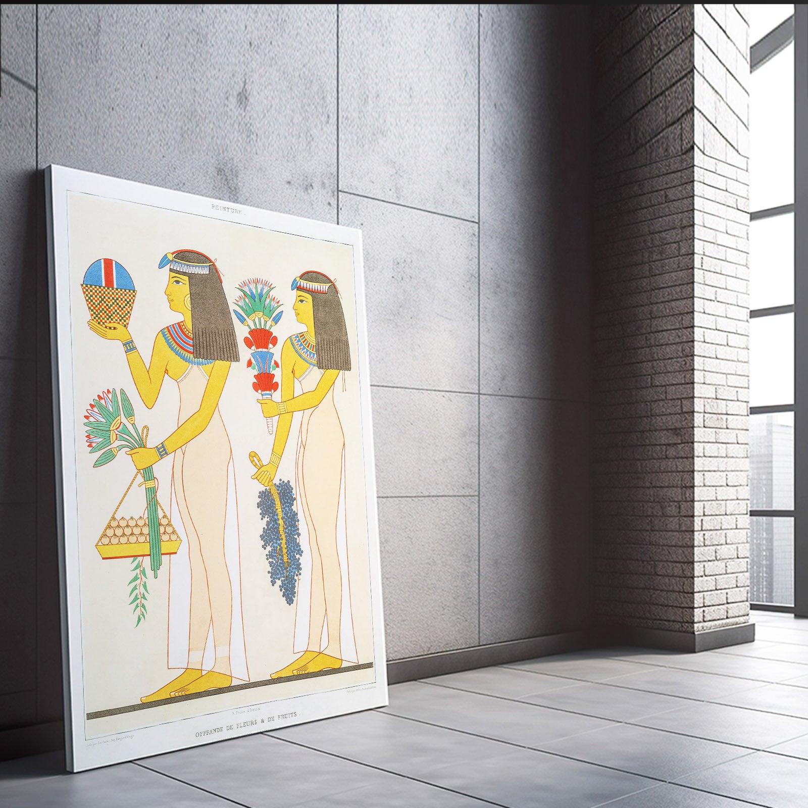 Lotus Bearers Illustration Egyptian Canvas Art – styled in a furnished interior